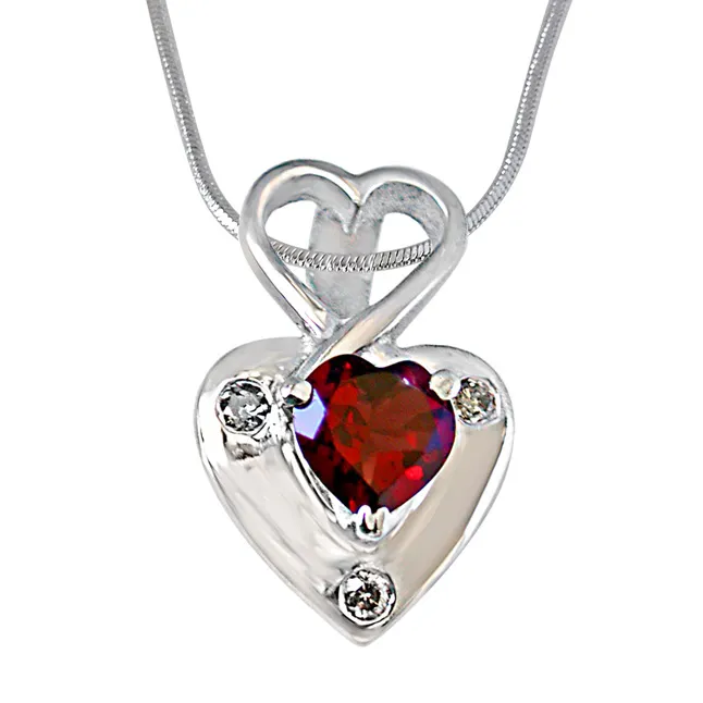 Real Diamond & Heart Shaped Red Garnet Pendant with 18 IN Chain (SDP264)