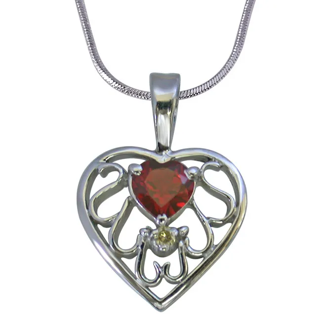 Diamond & Heart Garnet set in Heart n Heart 925 Silver Pendant with 18 IN Chain (SDP270)