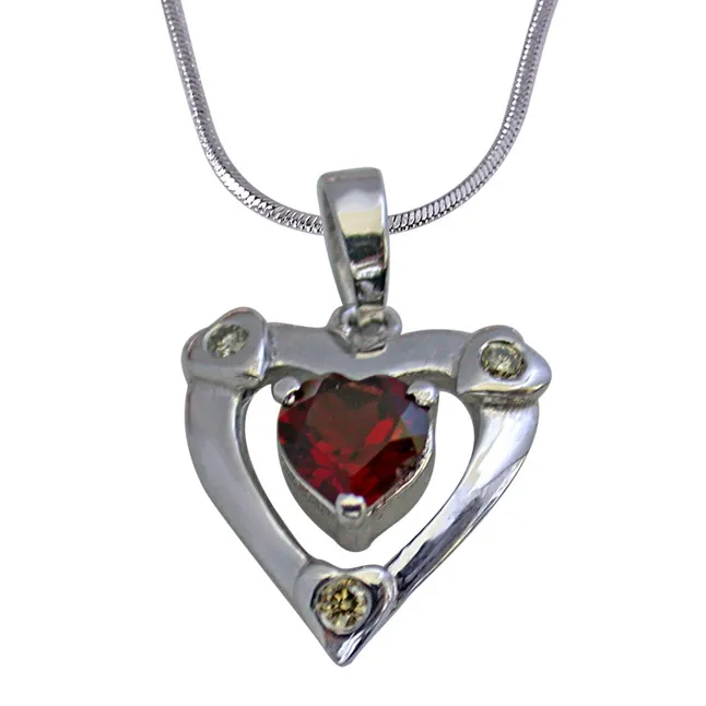 Past Present n Future 3 Diamond in 925 Silver with Heart Shape Garnet Pendant with 18 IN Chain (SDP271)