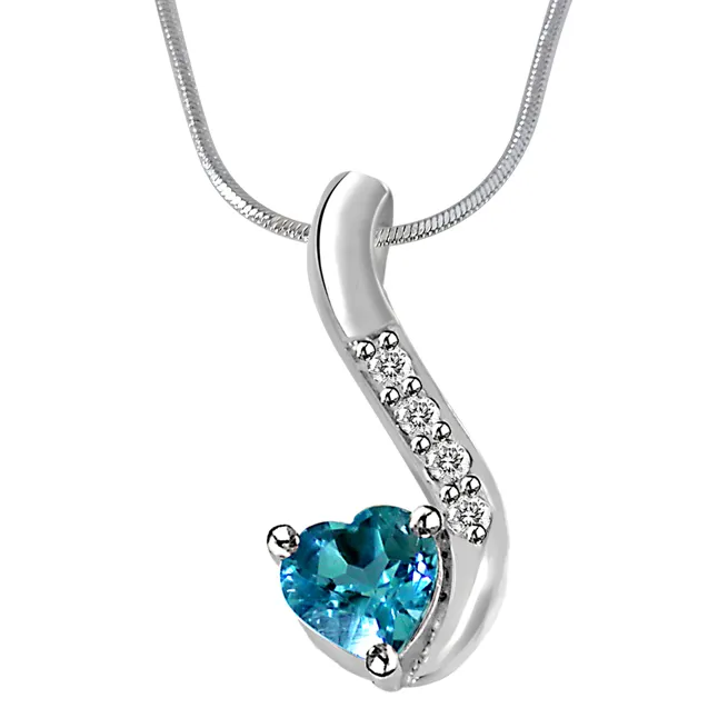 Heart Shaped Blue Topaz & Real Diamond Silver Pendant with 18 IN Chain (SDP274)