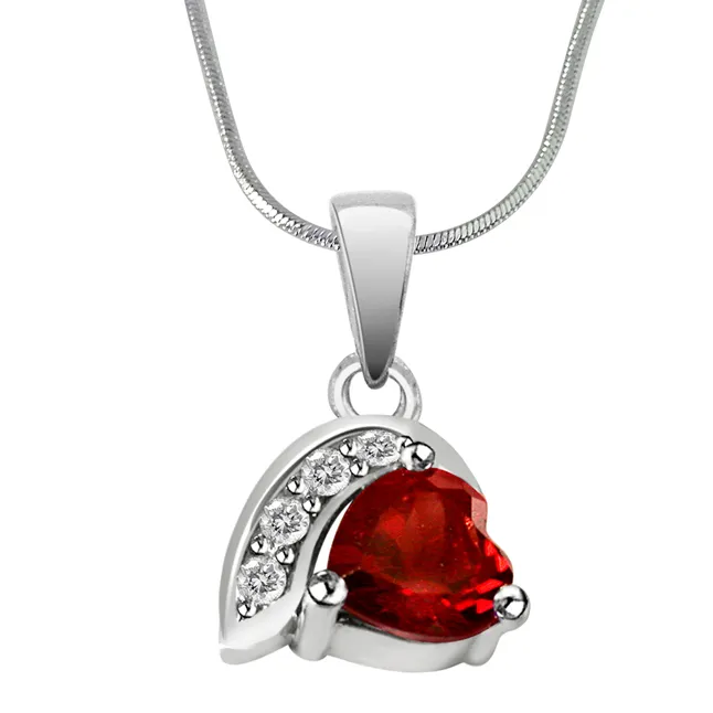 Heart Shaped Red Garnet & Real Diamond Silver Pendant with 18 IN Chain (SDP275)