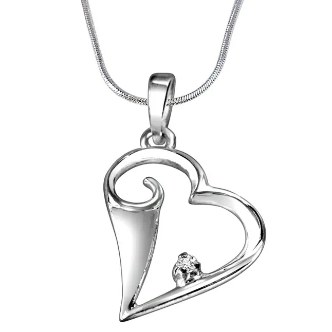 Happy Heart Real Diamond & Sterling Silver Pendant with 18 IN Chain (SDP276)