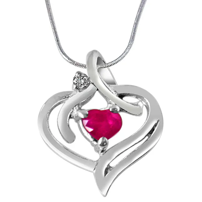 Heart’s Desire Real Diamond, Red Ruby & Sterling Silver Pendant with 18 IN Chain (SDP277)