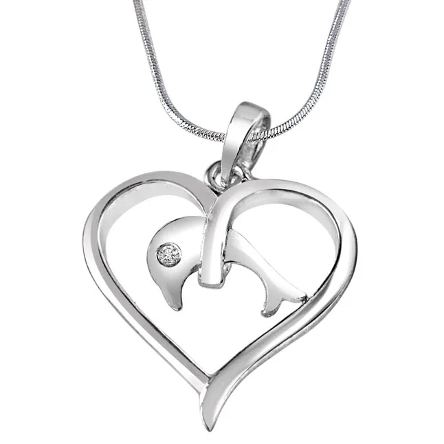 Dolphin in my Heart Real Diamond & Sterling Silver Pendant with 18 IN Chain (SDP285)