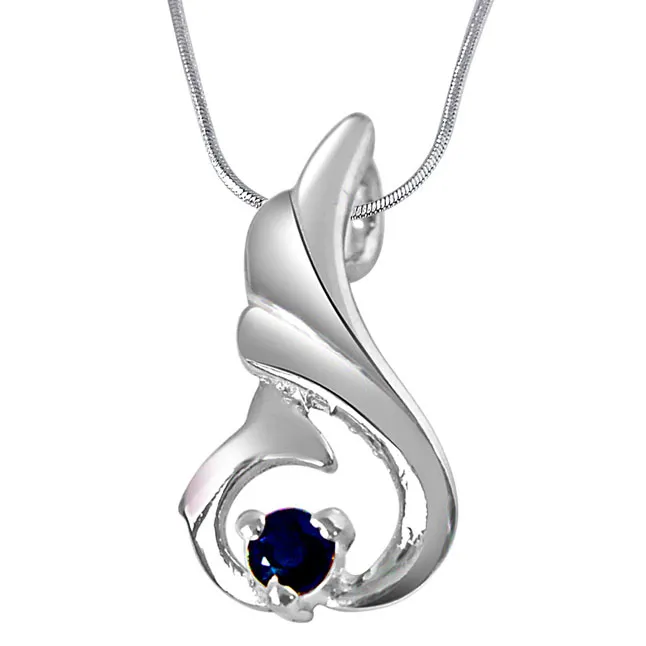 Over The Hill Blue Sapphire & 925 Sterling Silver Pendant with 18 IN Chain (SDP286)