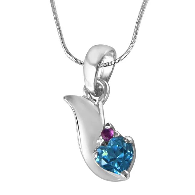 Bless our Love Blue Topaz, Red Ruby & 925 Sterling Silver Pendant with 18 IN Chain (SDP288)