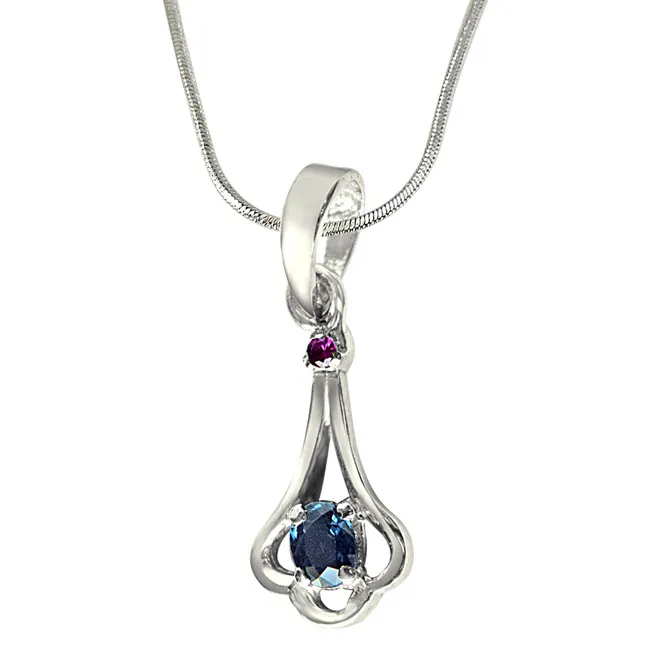 Red Ruby & Blue Sapphire 925 Sterling Silver Pendant with 18 IN Chain (SDP292)