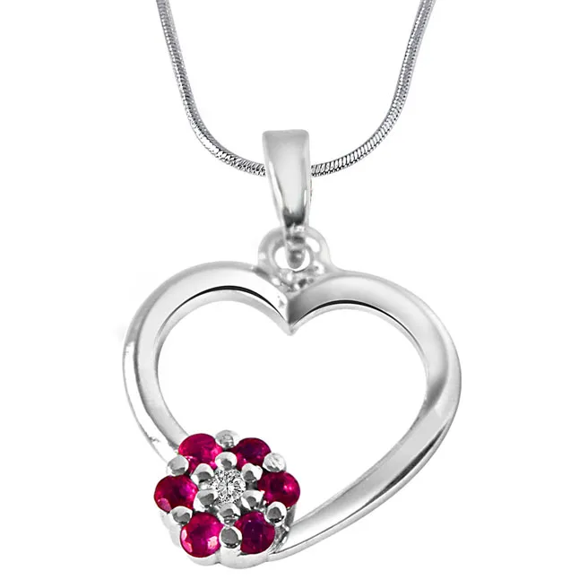 Flower in My Heart Real Diamond, Red Ruby & Sterling Silver Pendant with 18 IN Chain (SDP294)