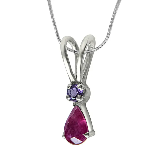 Fireside Fun Red Ruby, Purple Amethyst & 925 Sterling Silver Pendant with 18 IN Chain (SDP297)