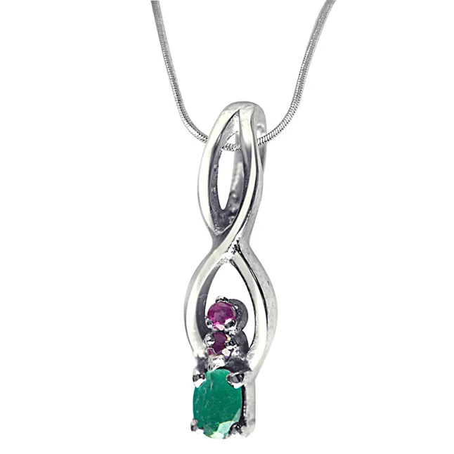 Back to Nature Red Ruby, Green Emerald & 925 Sterling Silver Pendant with 18 IN Chain (SDP300)