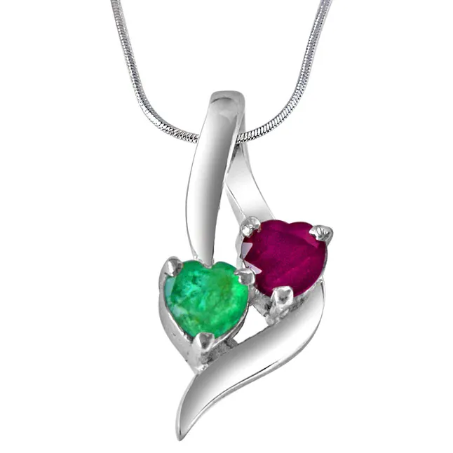Time To Remember Green Emerald, Red Ruby & 925 Sterling Silver Pendant with 18 IN Chain (SDP310)