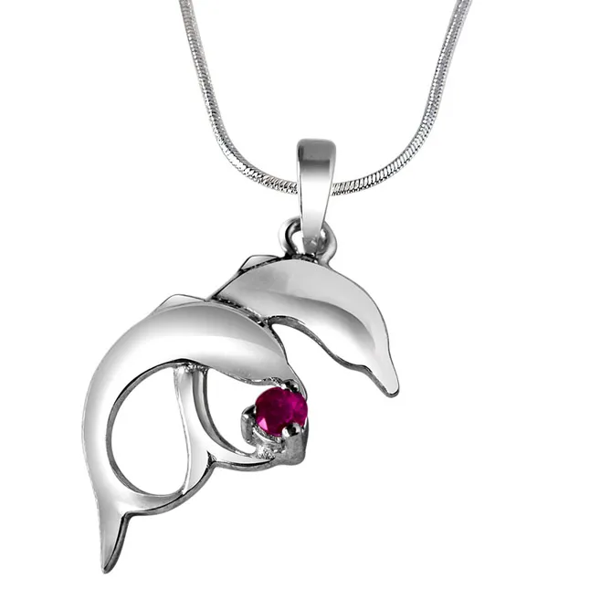 Whistling Dolphins Red Ruby & 925 Sterling Silver Pendant with 18 IN Chain (SDP314)
