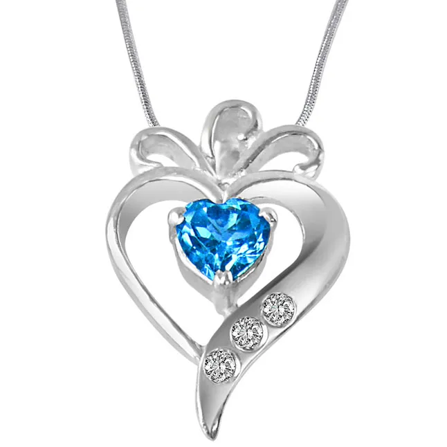 Sweet Mystery of Life Real Diamond, Blue Topaz & Sterling Silver Pendant with 18 IN Chain (SDP316)