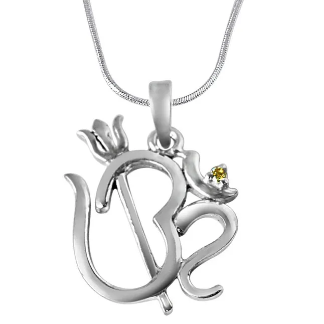 Om with Trishul Real Diamond & Sterling Silver Pendant with 18 IN Chain (SDP320)