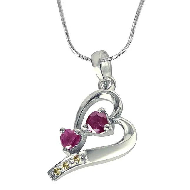 The House of Love Real Diamond, Red Ruby & Sterling Silver Pendant with 18 IN Chain (SDP323)