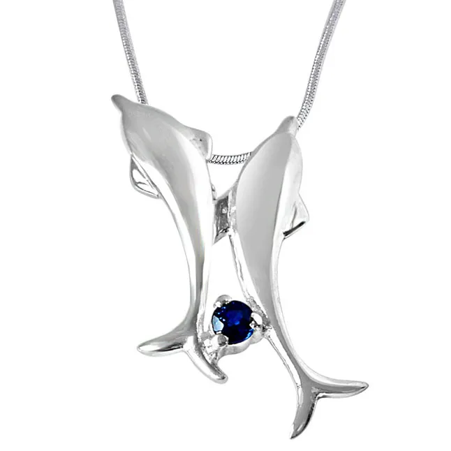 Dancing Dolphins Blue Sapphire & 925 Sterling Silver Pendant with 18 IN Chain (SDP326)