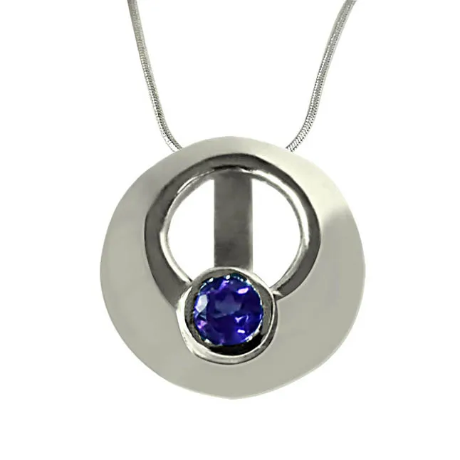 Round Shaped Amethyst Pendant set in 925 Sterling Silver with 18 IN Chain (SDP336)
