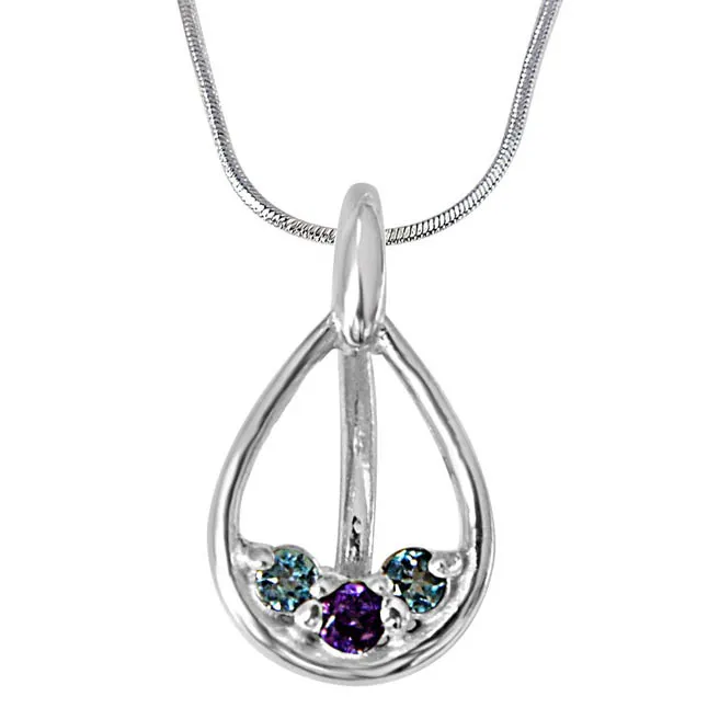 Garden of Friends Blue Topaz, Purple Amethyst & 925 Sterling Silver Pendant with 18 IN Chain (SDP389)