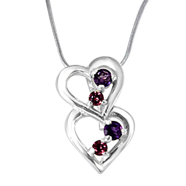 YOU & ME.. Happy Together Amethyst, Rhodolite & 925 Sterling Silver Pendant with 18 IN Chain (SDP392)