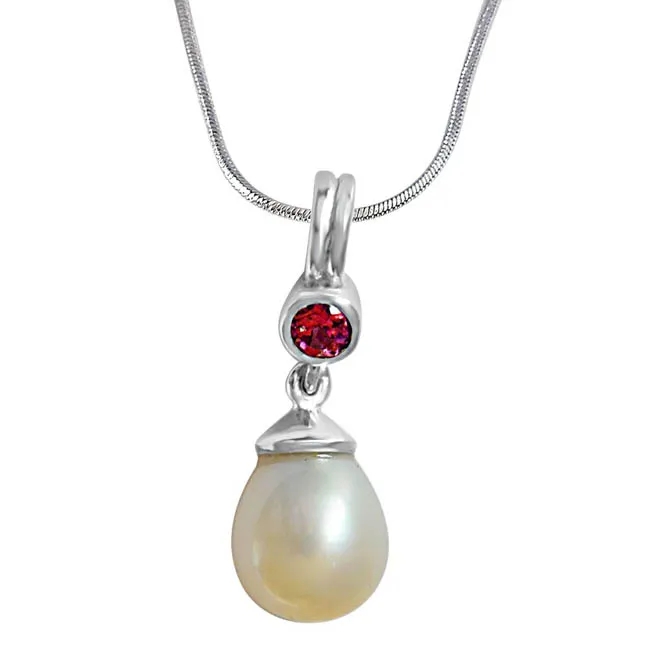 Double Vision Rhodolite, Real Pearl & 925 Sterling Silver Pendant with 18 IN Chain (SDP393)