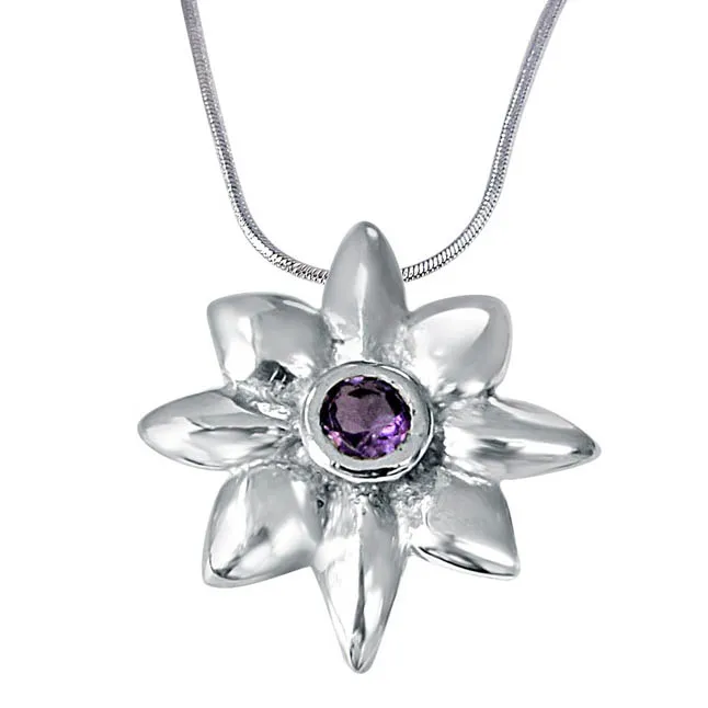 Crazy Daisies Floral Purple Amethyst & 925 Sterling Silver Pendant with 18 IN Chain (SDP407)