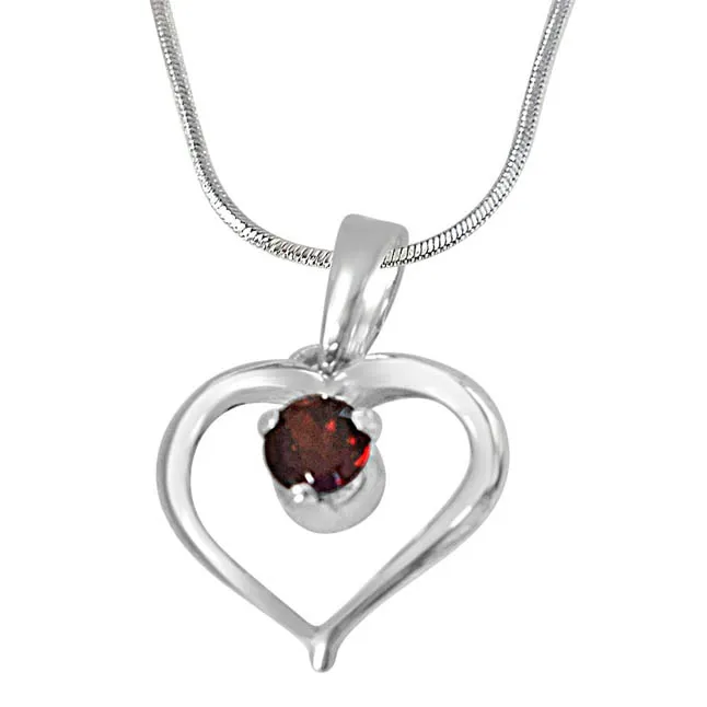 Memories of My Life Heart Shaped Red Garnet & Sterling Silver Pendant with 18 IN Chain (SDP410)