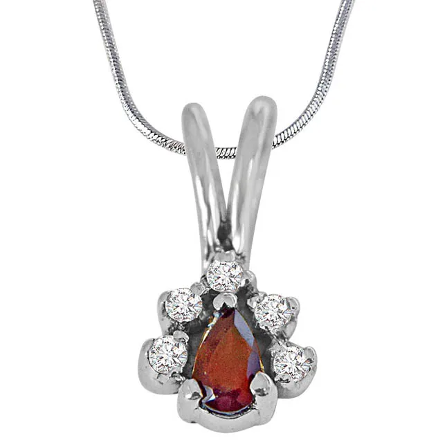 Trendy Red Pear Garnet, White Topaz and 925 Sterling Silver Pendant with 18 IN Chain (SDP415)
