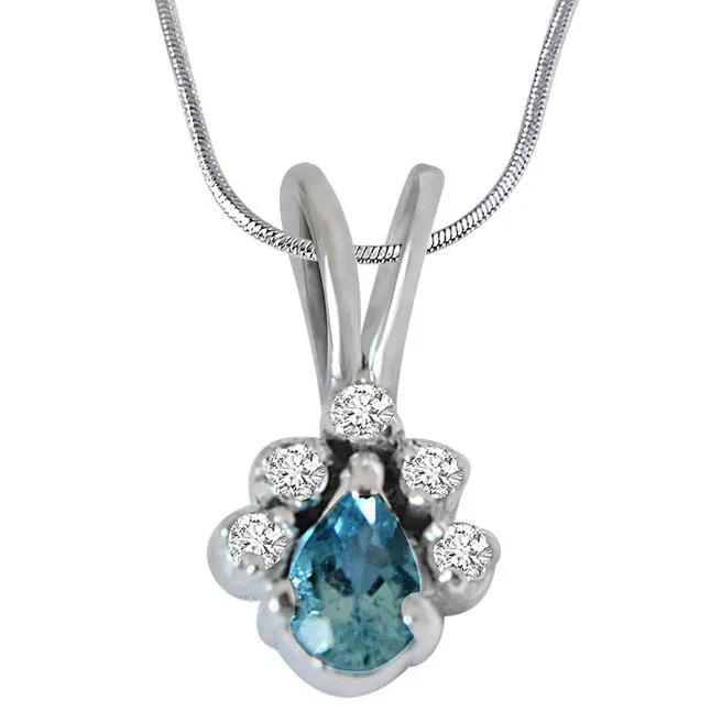 Trendy Pear Shaped Blue Topaz, Round White Topaz and 925 Sterling Silver Pendant with 18 IN Chain (SDP417)