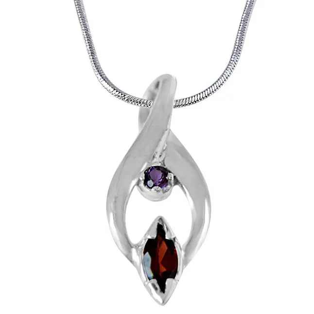 Trendy Marquise Shaped Red Garnet, Round Purple Amethyst and 925 Sterling Silver Pendant with 18 IN Chain (SDP418)