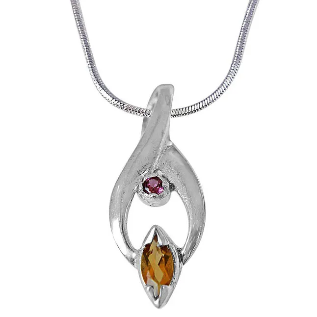 Trendy Marquise Shaped Golden Topaz, Round Pink Garnet and 925 Sterling Silver Pendant with 18 IN Chain (SDP420)