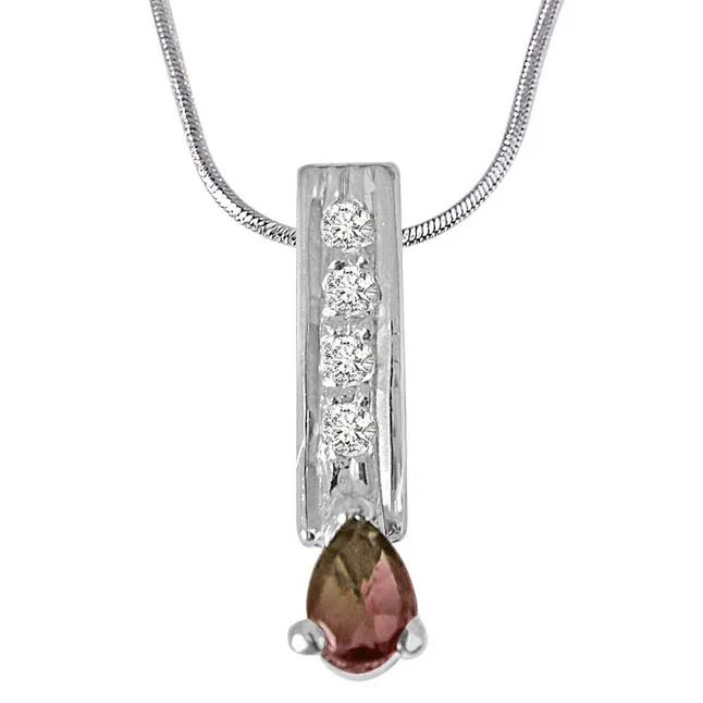 Trendy Pear Shaped Brown Tourmaline, Round White Topaz and 925 Sterling Silver Pendant with 18 IN Chain (SDP423)