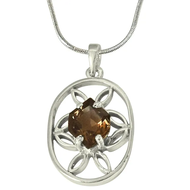 Hexagon Shaped 19.00 cts Smoky Topaz 925 Sterling Silver Pendant with 18 IN Chain (SDP427)