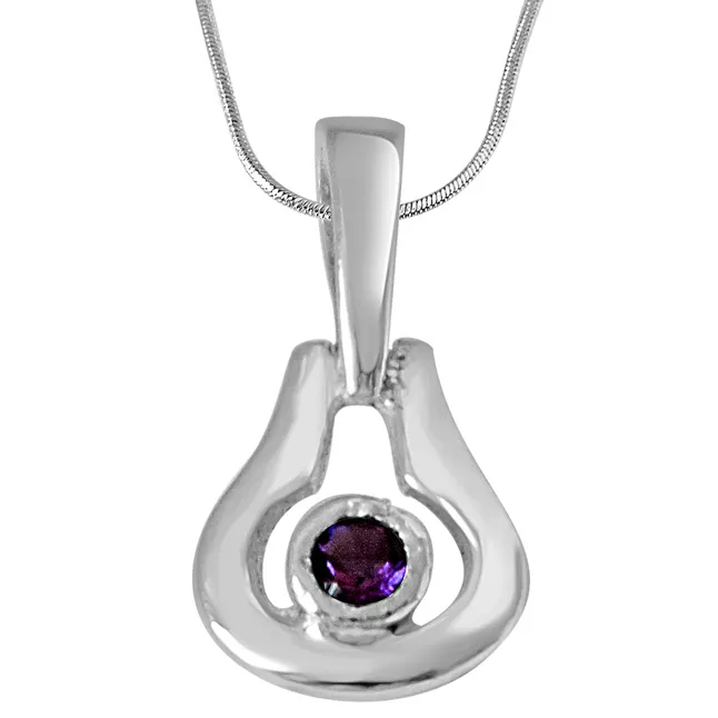 Drop Shaped Purple Amethyst and 925 Sterling Silver Pendant with 18 IN Chain (SDP439)