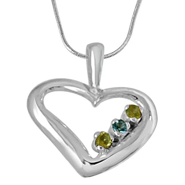 Elegant Heart Shaped Blue Topaz, Green Peridot and 925 Sterling Silver Pendant with 18 IN Chain (SDP441)