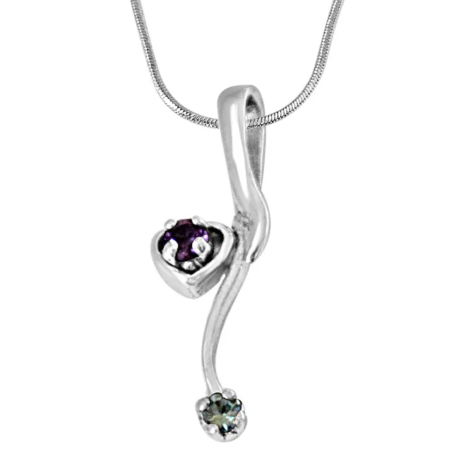 Heart Shaped Blue Topaz, Purple Amethyst and 925 Sterling Silver Pendant with 18 IN Chain (SDP442)