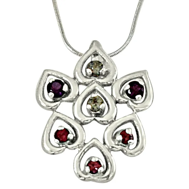 Sweet Hearts Blue Topaz, Purple Amethyst, Pink Rhodolite and 925 Sterling Silver Pendant with 18 IN Chain (SDP445)