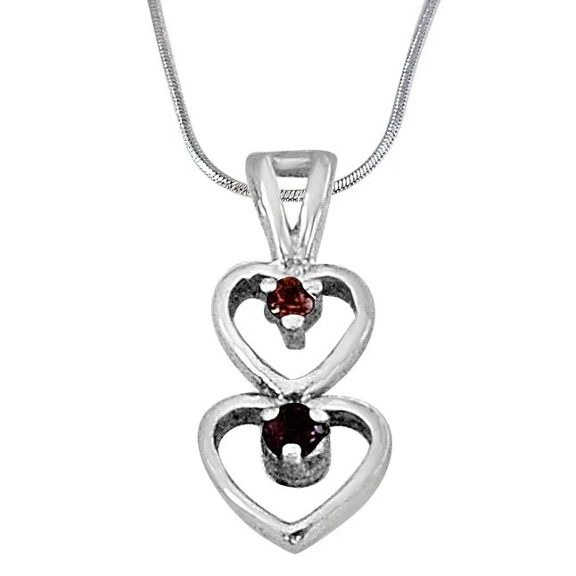 Twin Hearts Purple Amethyst, Pink Rhodolite and 925 Sterling Silver Pendant with 18 IN Chain (SDP446)