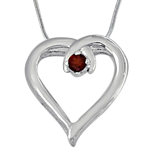 Simple Heart Shaped Red Garnet and 925 Sterling Silver Pendant with 18 IN Chain (SDP447)