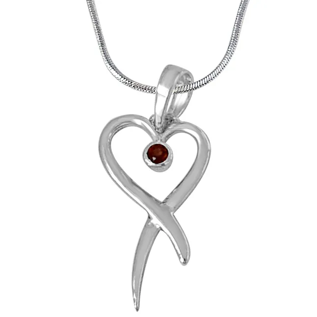 Trendy Heart Shaped Red Garnet and 925 Sterling Silver Pendant with 18 IN Chain (SDP449)