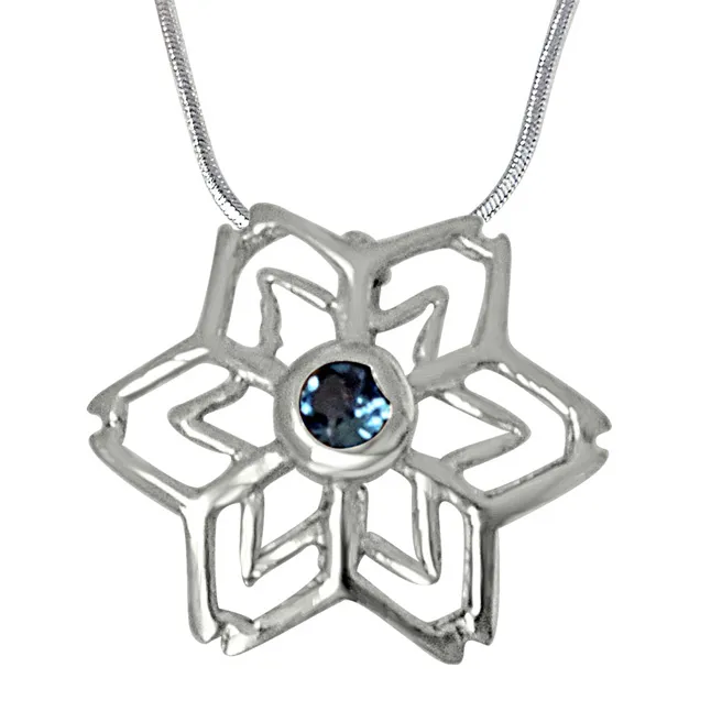 Floral Shaped Blue Topaz & 925 Sterling Silver Pendant with 18 IN Chain (SDP452)