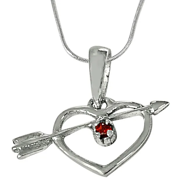 Cupid's Heart Shaped Red Garnet and 925 Sterling Silver Pendant with 18 IN Chain (SDP459)