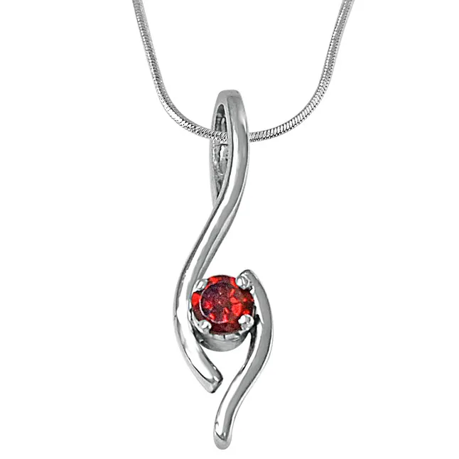 Elegant Round Red Garnet & 925 Sterling Silver Pendant with 18 IN Chain (SDP460)