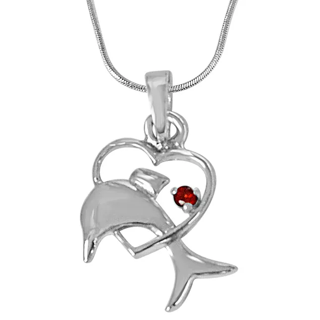 Dolphin Heart Red Garnet & 925 Sterling Silver Pendant with 18 IN Chain (SDP461)