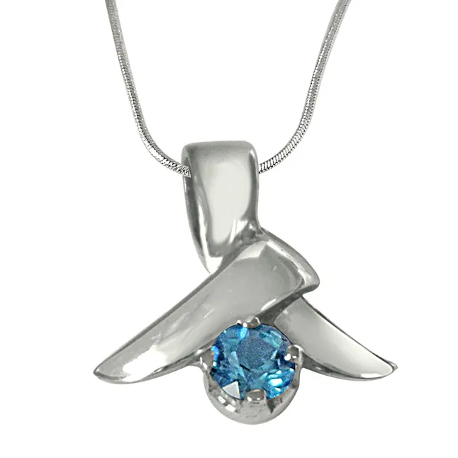 Round Blue Topaz & 925 Sterling Silver Pendant with 18 IN Chain (SDP462)