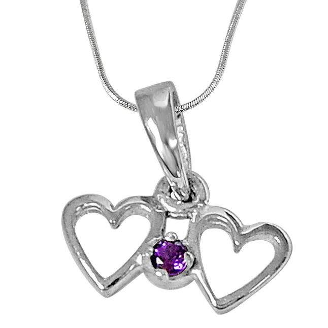 Heart to Heart Purple Amethyst and 925 Sterling Silver Pendant with 18 IN Chain (SDP463)