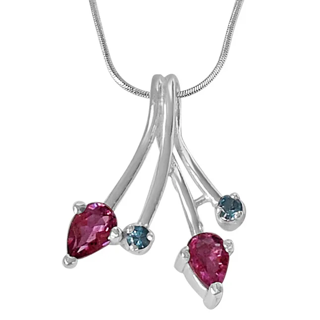 Trendy Pink Tourmaline, Blue Topaz & 925 Sterling Silver Pendant with 18 IN Chain (SDP468)