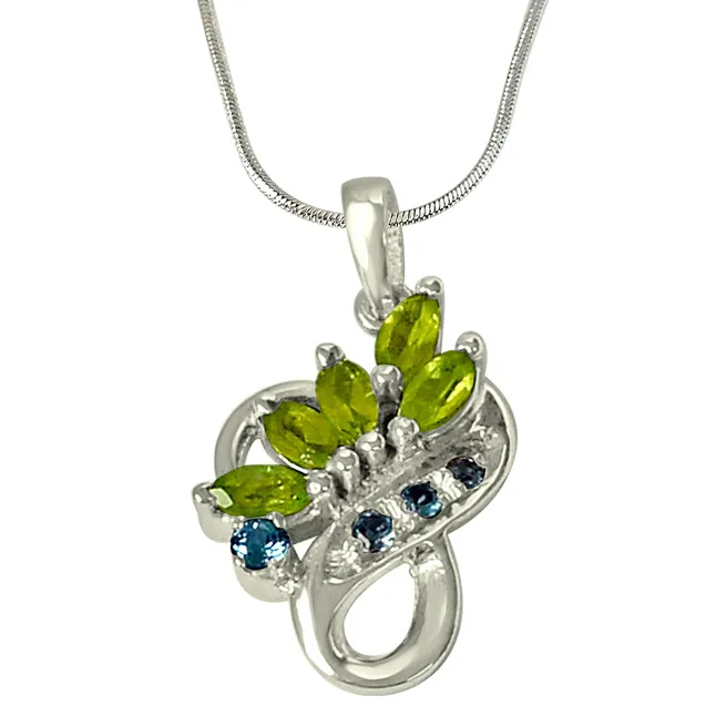 Floral Shaped Green Peridot Blue Topaz & 925 Sterling Silver Pendant with 18 IN Chain (SDP469)