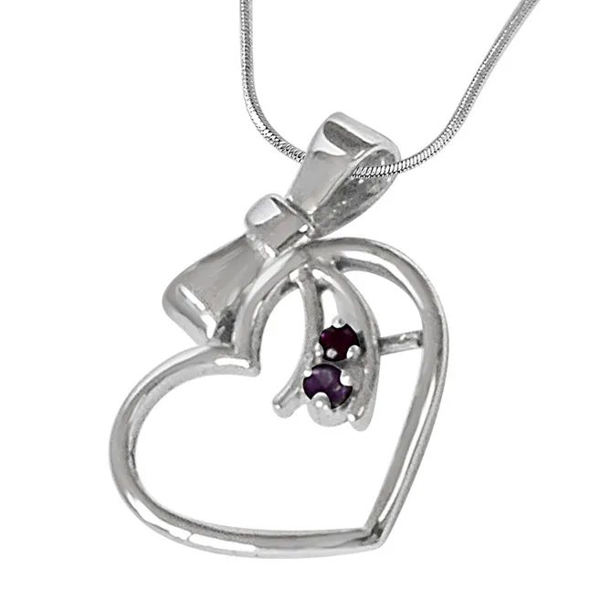 Bow Heart Shaped Amethyst, Rhodolite & 925 Sterling Silver Pendant with 18 IN Chain (SDP470)