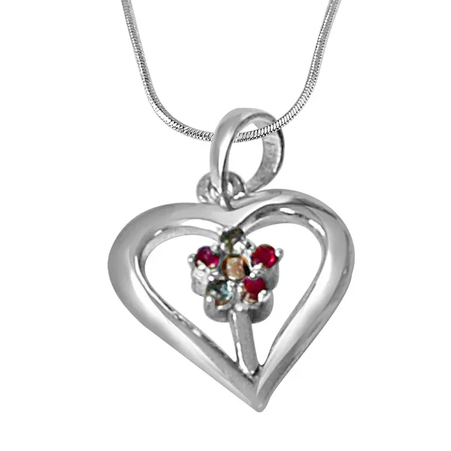 Floral Heart Blue Topaz, Pink Rhodolite & 925 Sterling Silver Pendant with 18 IN Chain (SDP473)