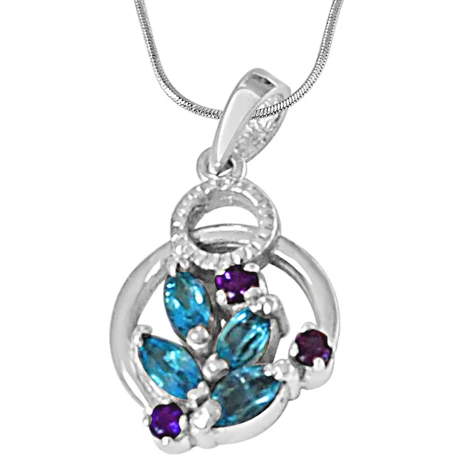 Floral Shaped Blue Topaz, Purple Amethyst & 925 Sterling Silver Pendant with 18 IN Chain (SDP474)